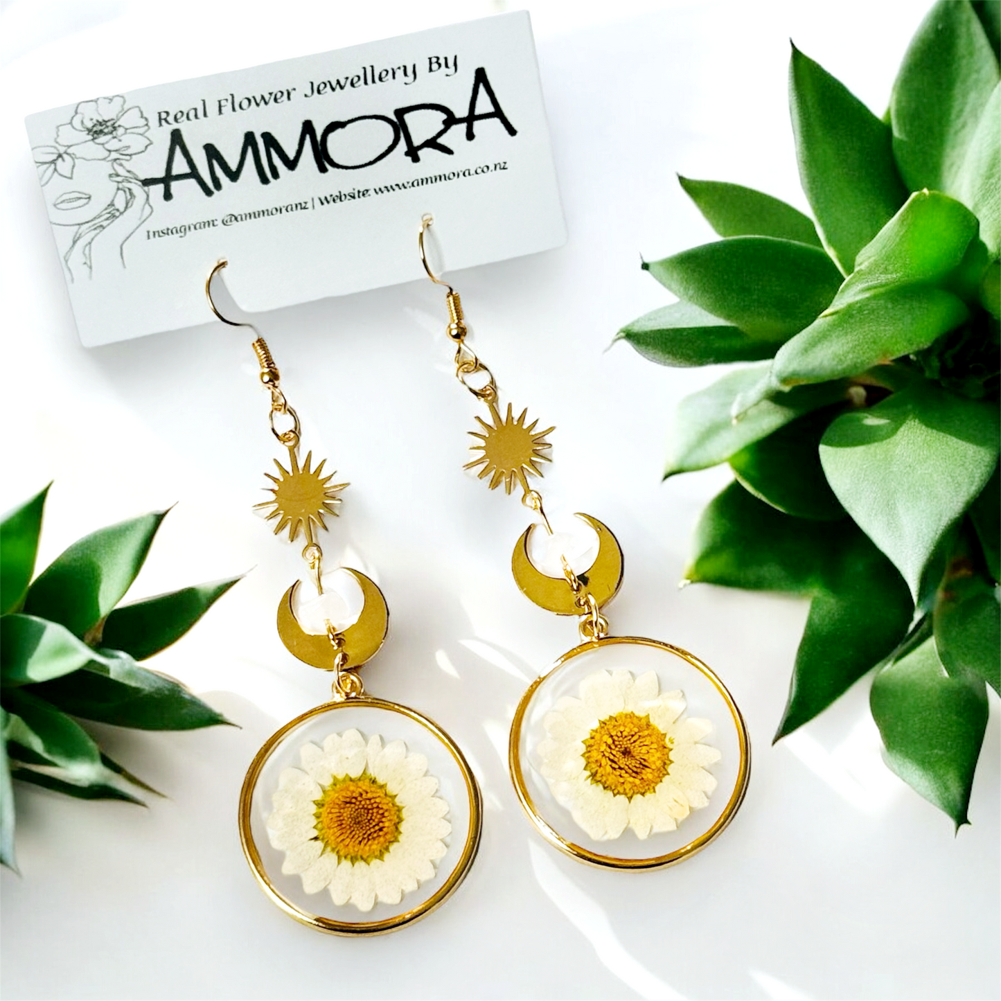 Sun & Moon Daisy Real Flower Earrings